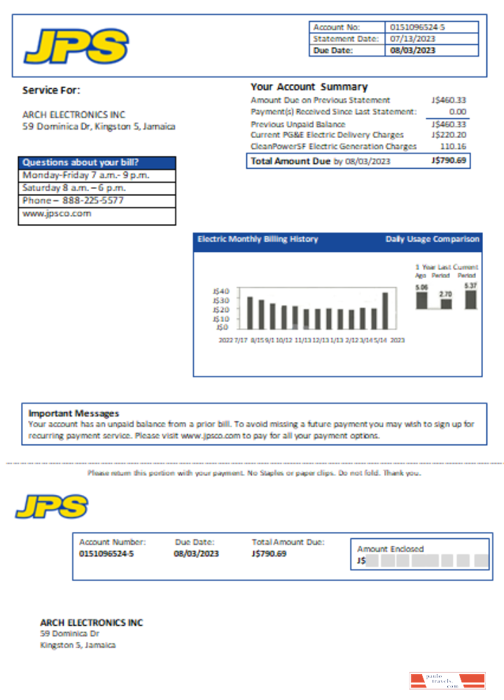 Jamaica Public Service Co Ltd (JPS) electricity utility business bill, SCR PSD template